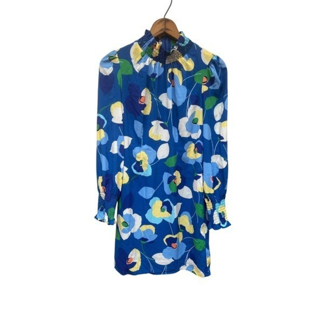 Donna Morgan Blue Floral Smocked Neck Long Sleeve Mini Dress Size 2
